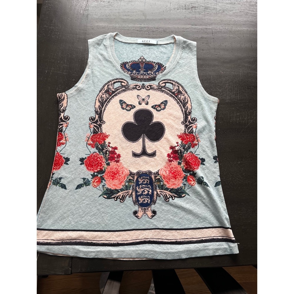 GLLY Womens Light‎ Blue Graphic Tank Top Queen Crown Club Floral Print XXL Y2K